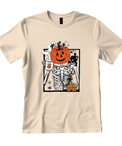 Pumpkin Skeleton Drinking Coffee T-Shirt