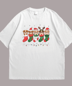 Christmas Puppies in Stockings Front White