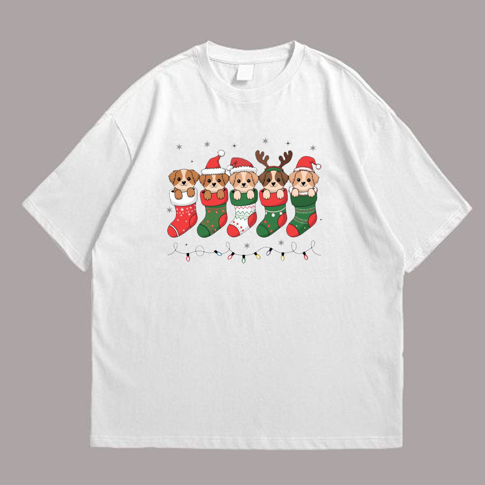 Christmas Puppies in Stockings Front White