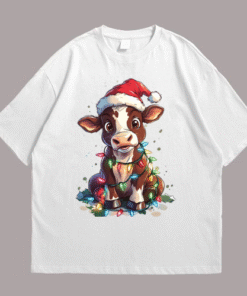 a cheerful full-body cartoon cow wearing a santa hat Front White