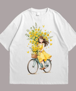 A girl riding a bicycle with flowers