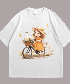 A little girl carrying a duck in her bicycle basket